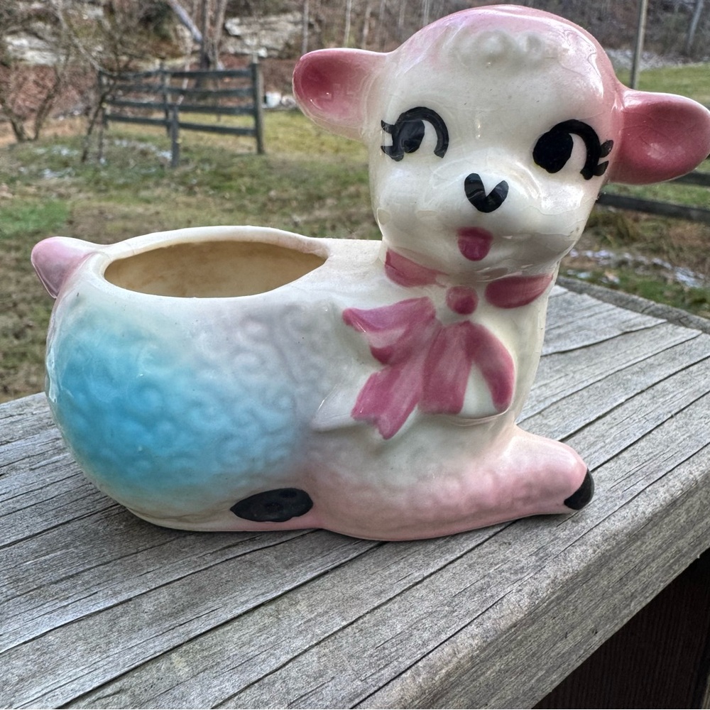 Vintage Shawnee Pottery Ceramic Baby Lamb Planter Pink Bow Ears Blue Wool